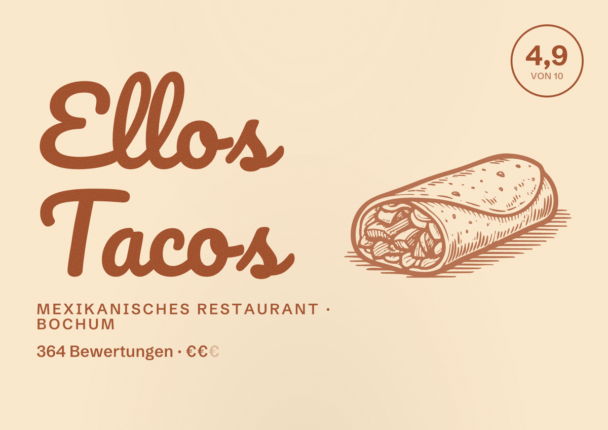 Illustriertes Poster von Ellos Tacos, Mexikanisches Restaurant in Bochum: Bewertung 4,9 von 10 aus 364 Bewertungen, Preisniveau €€