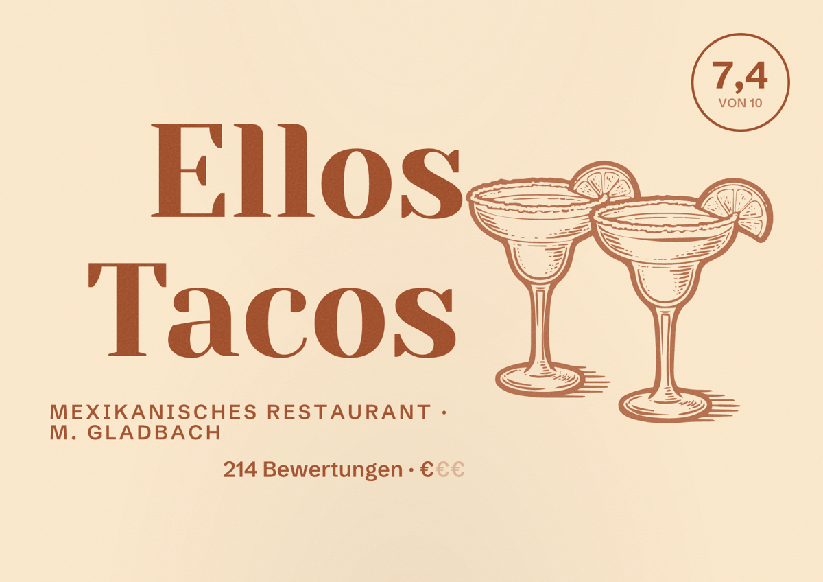 Illustriertes Poster von Ellos Tacos, Mexikanisches Restaurant in M. Gladbach: Bewertung 7,4 von 10 aus 214 Bewertungen, Preisniveau €