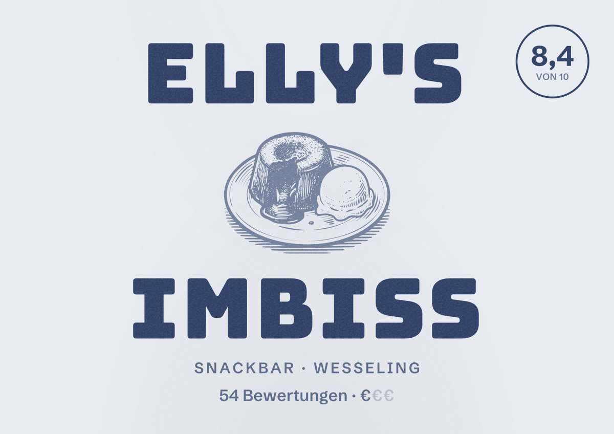 Illustriertes Poster von Elly's Imbiss, Snackbar in Wesseling: Bewertung 8,4 von 10 aus 54 Bewertungen, Preisniveau €