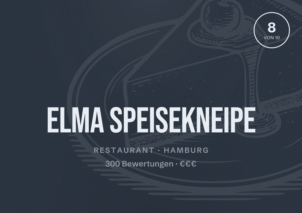 Illustriertes Poster von ELMA Speisekneipe, Restaurant in Hamburg: Bewertung 8,0 von 10 aus 300 Bewertungen, Preisniveau €€€