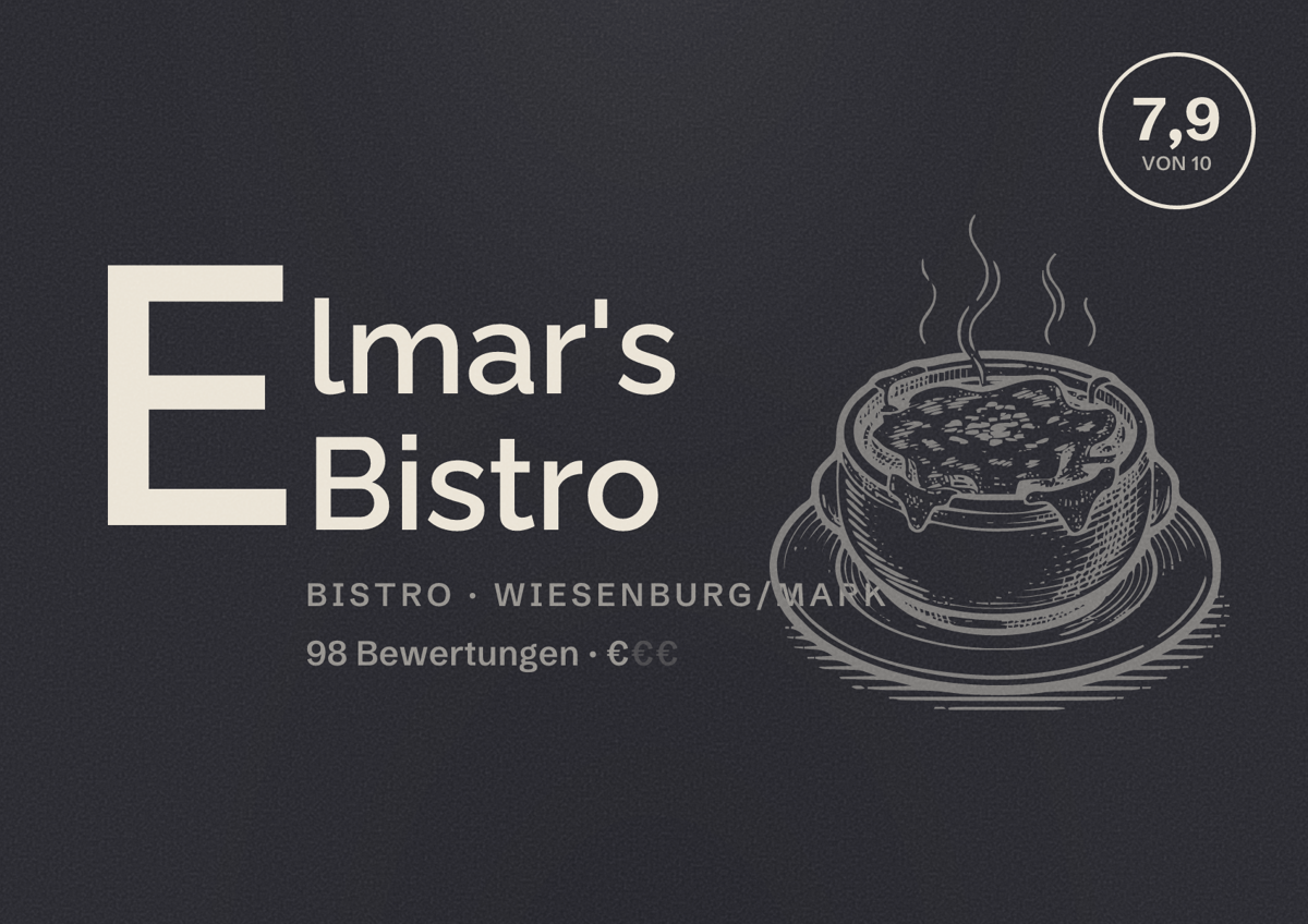 Illustriertes Poster von Elmar's Bistro, Bistro in Wiesenburg/Mark: Bewertung 7,9 von 10 aus 98 Bewertungen, Preisniveau €