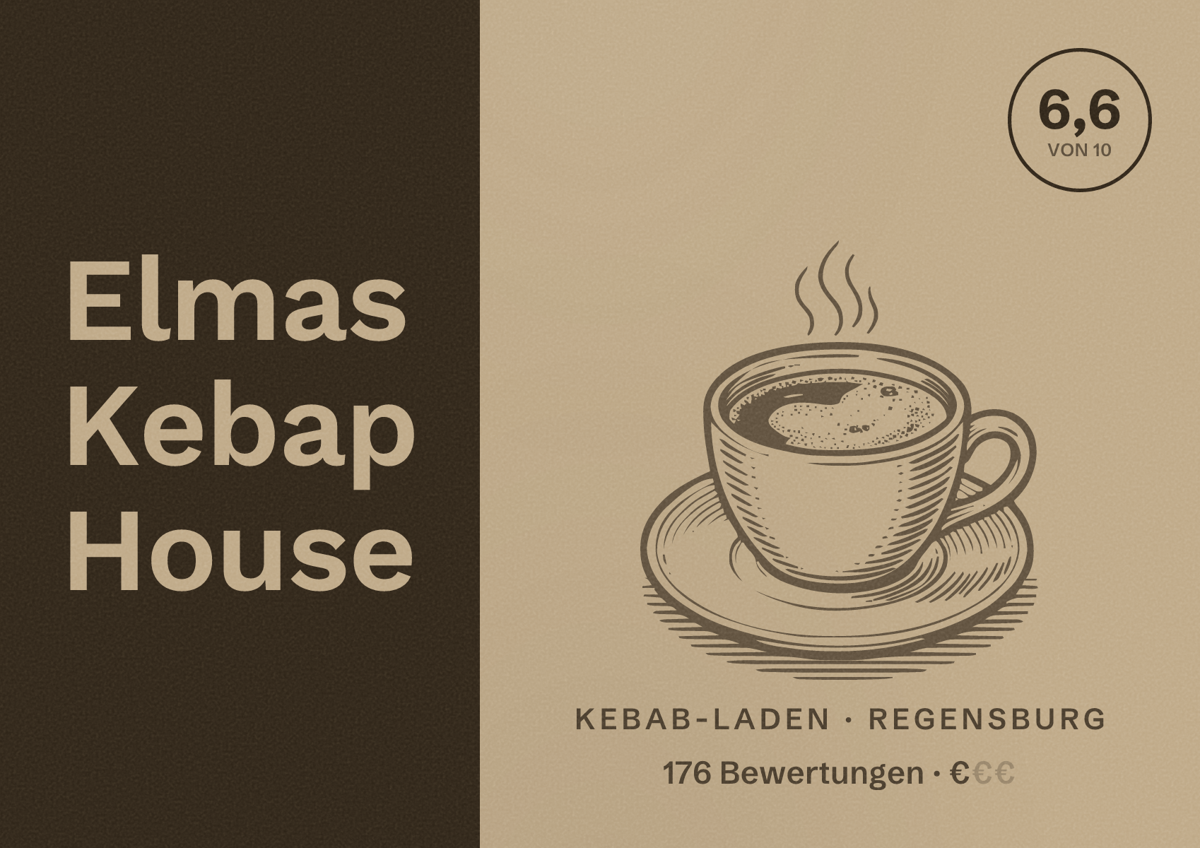 Illustriertes Poster von Elmas Kebap House, Kebab-Laden in Regensburg: Bewertung 6,6 von 10 aus 176 Bewertungen, Preisniveau €