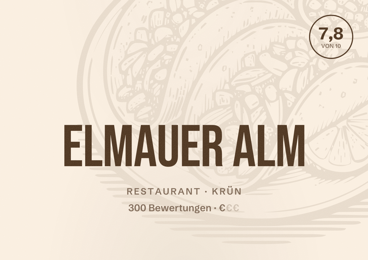 Illustriertes Poster von Elmauer Alm, Restaurant in Krün: Bewertung 7,8 von 10 aus 300 Bewertungen, Preisniveau €
