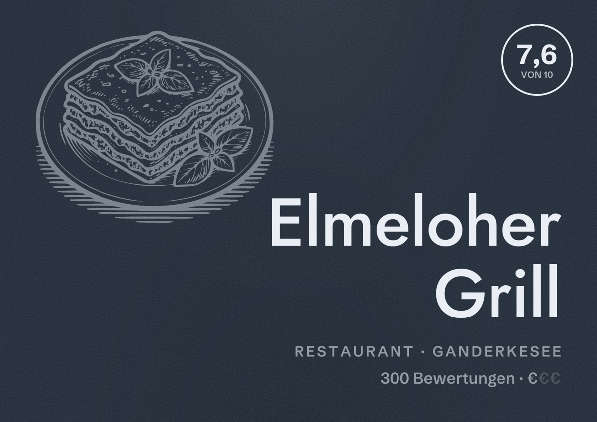 Illustriertes Poster von Elmeloher Grill, Restaurant in Ganderkesee: Bewertung 7,6 von 10 aus 300 Bewertungen, Preisniveau €