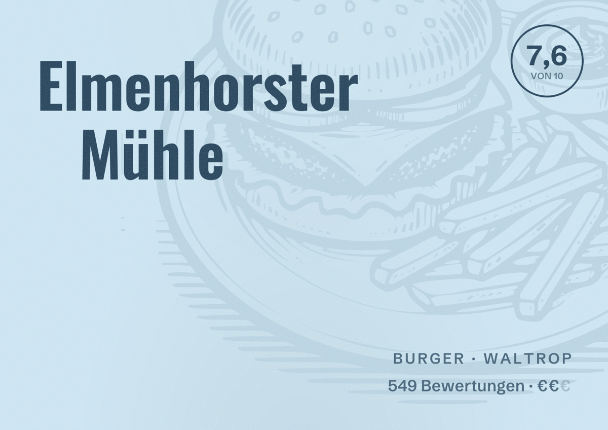 Illustriertes Poster von Elmenhorster Mühle, Burger in Waltrop: Gästebewertung 7,6 von 10 aus 549 Bewertungen