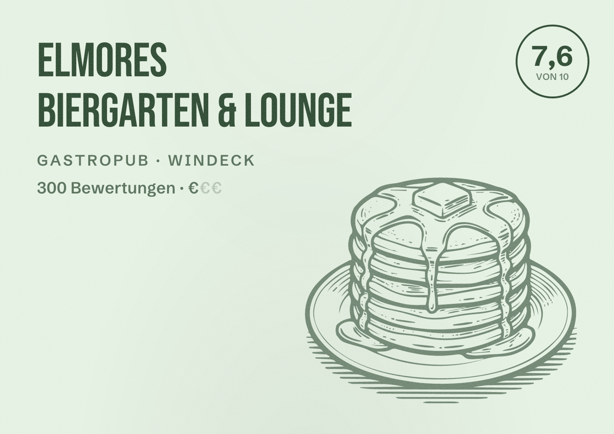 Illustriertes Poster von Elmores Biergarten & Lounge, Gastropub in Windeck: Bewertung 7,6 von 10 aus 300 Bewertungen, Preisniveau €