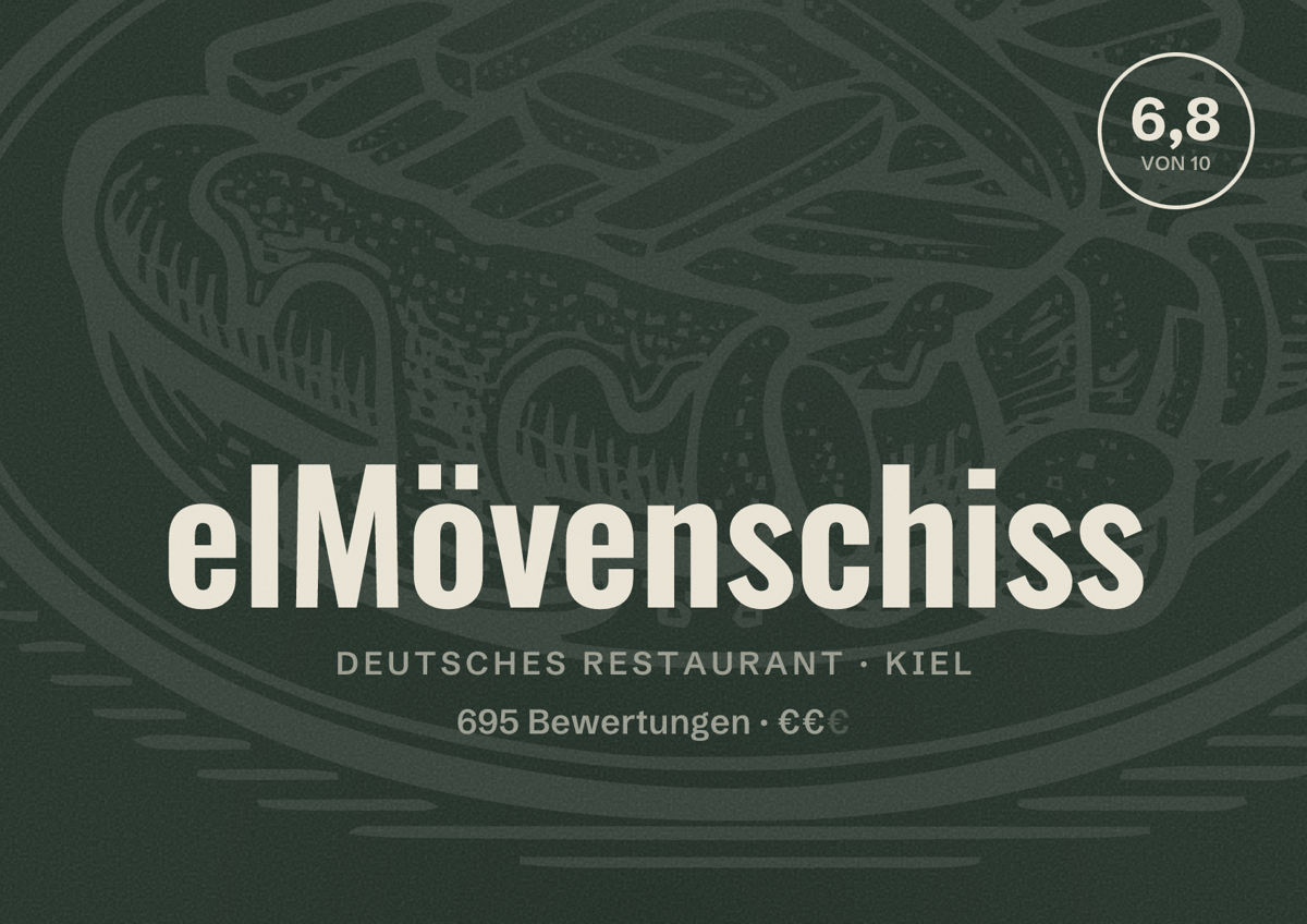 Illustriertes Poster von elMövenschiss, Deutsches Restaurant in Kiel: Bewertung 6,8 von 10 aus 695 Bewertungen, Preisniveau €€