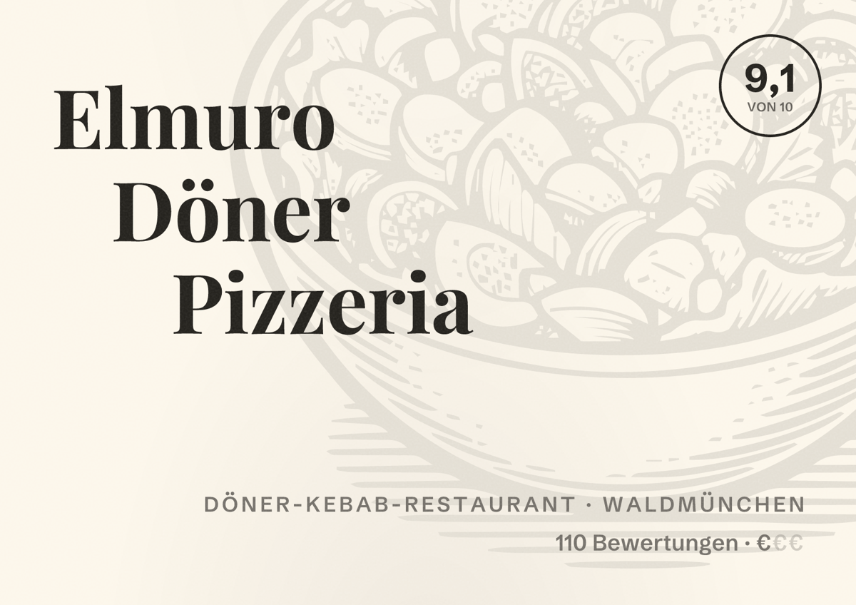 Illustriertes Poster von Elmuro Döner Pizzeria, Döner-Kebab-Restaurant in Waldmünchen: Bewertung 9,1 von 10 aus 110 Bewertungen, Preisniveau €