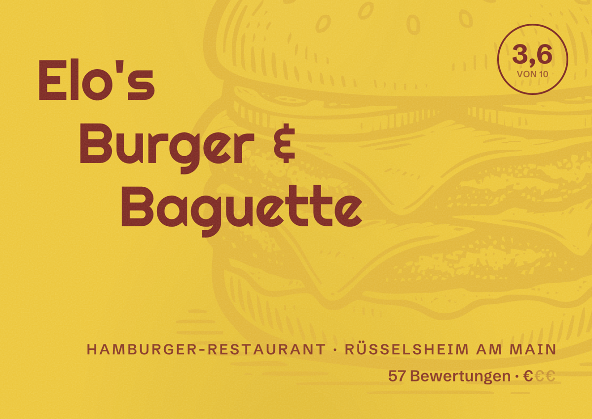 Illustriertes Poster von Elo's Burger & Baguette, Hamburger-Restaurant in Rüsselsheim am Main: Bewertung 3,6 von 10 aus 57 Bewertungen, Preisniveau €