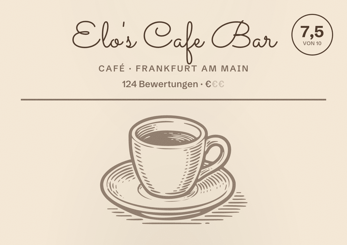 Illustriertes Poster von Elo's Cafe Bar, Café in Frankfurt am Main: Bewertung 7,5 von 10 aus 124 Bewertungen, Preisniveau €