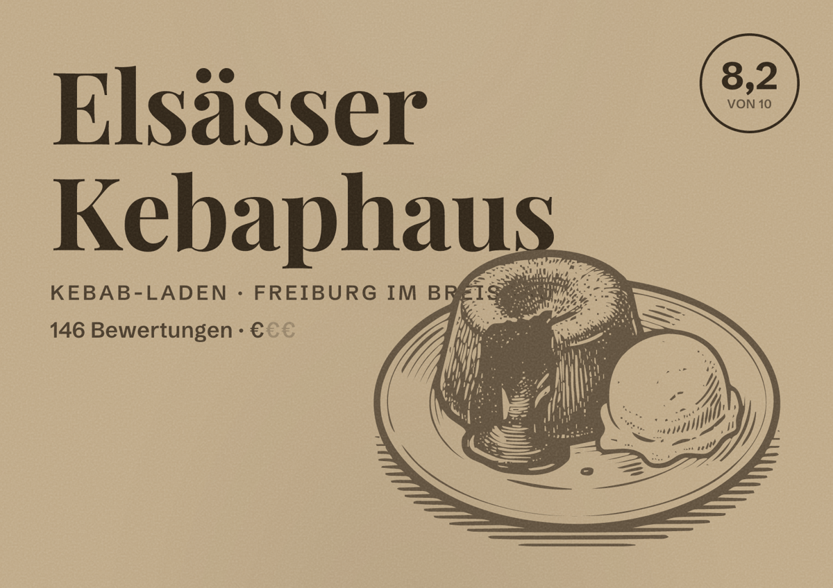 Illustriertes Poster von Elsässer Kebaphaus, Kebab-Laden in Freiburg im Breisgau: Bewertung 8,2 von 10 aus 146 Bewertungen, Preisniveau €