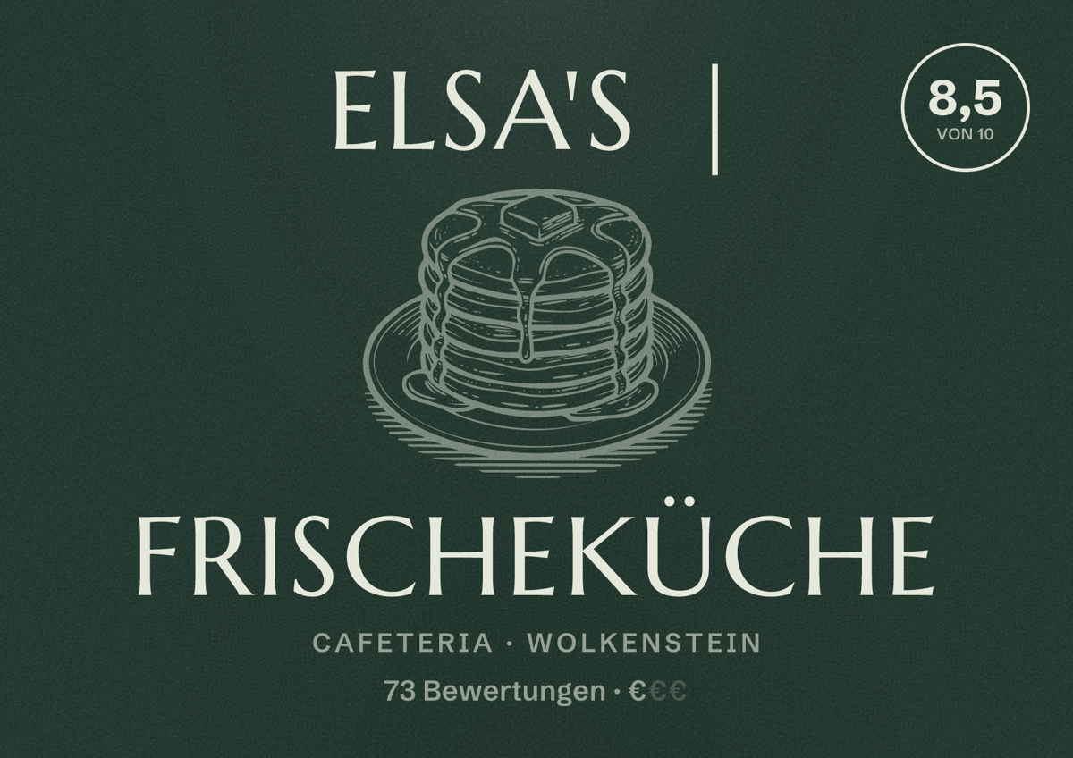 Illustriertes Poster von ELSA's | Frischeküche, Cafeteria in Wolkenstein: Bewertung 8,5 von 10 aus 73 Bewertungen, Preisniveau €