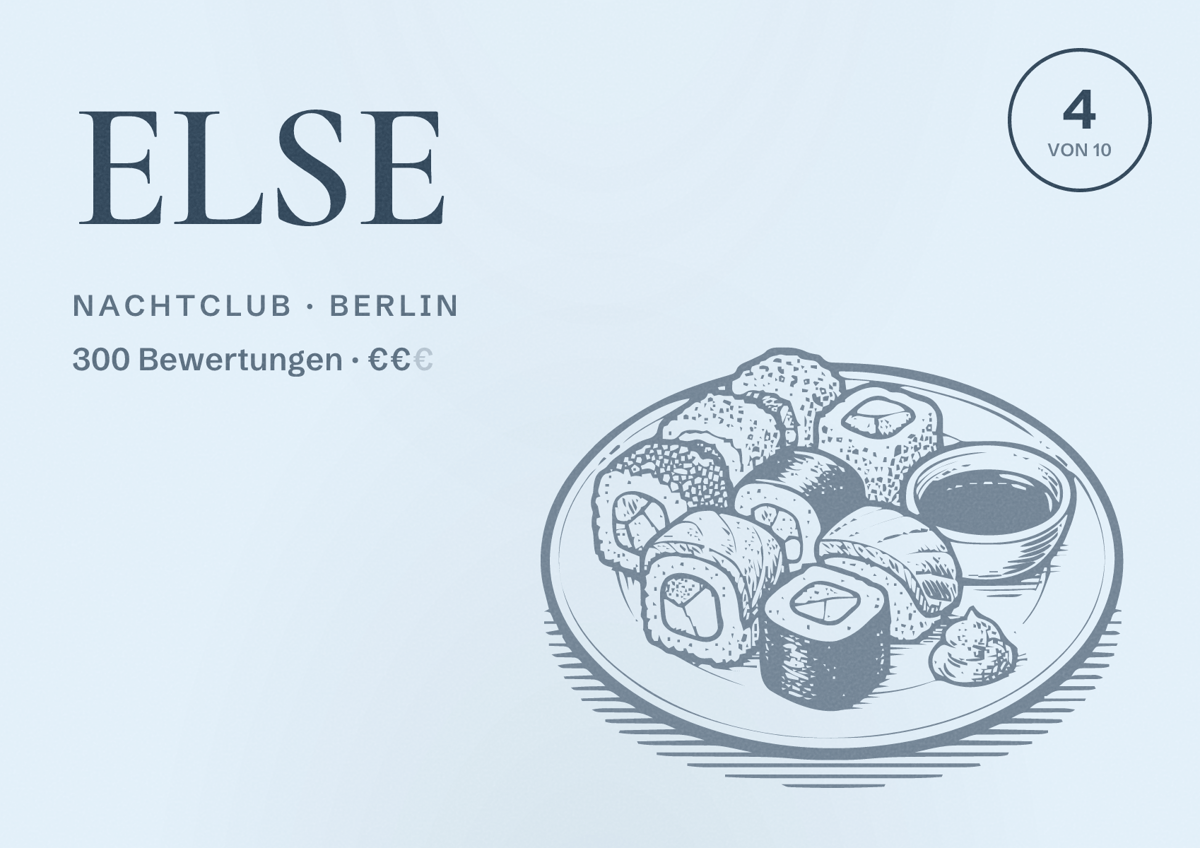 Illustriertes Poster von ELSE, Nachtclub in Berlin: Bewertung 4,0 von 10 aus 300 Bewertungen, Preisniveau €€