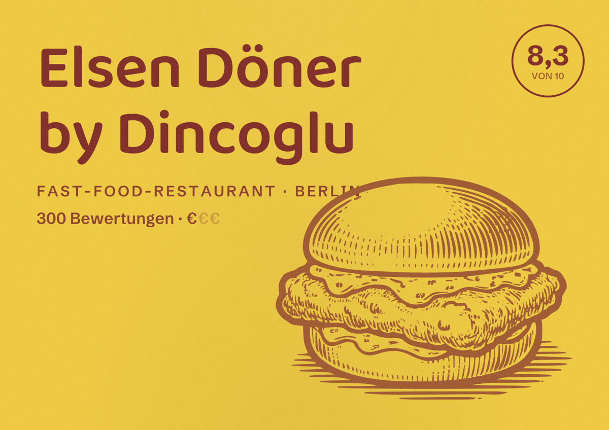 Illustriertes Poster von Elsen Döner by Dincoglu, Fast-Food-Restaurant in Berlin: Bewertung 8,3 von 10 aus 300 Bewertungen, Preisniveau €