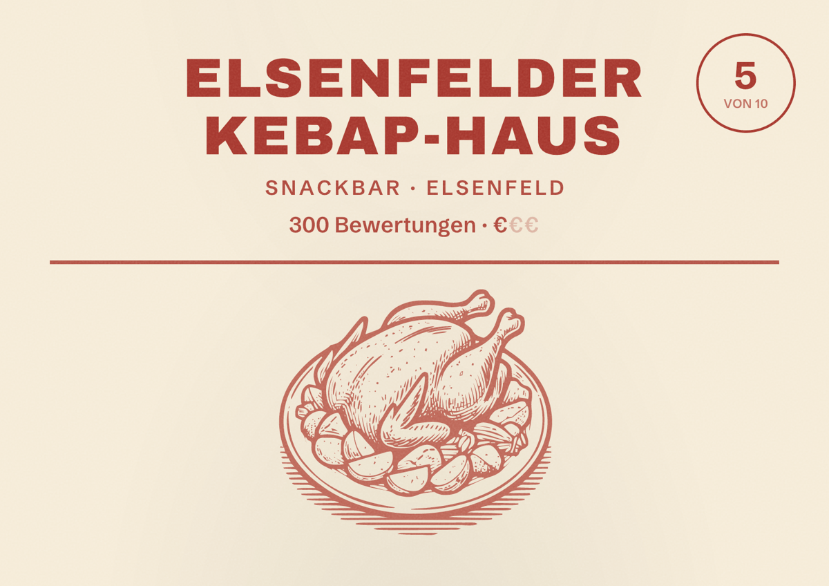 Illustriertes Poster von Elsenfelder Kebap-Haus, Snackbar in Elsenfeld: Bewertung 5 von 10 aus 300 Bewertungen, Preisniveau €