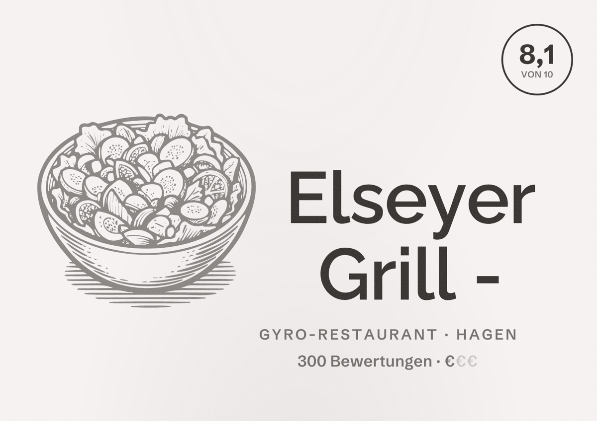 Illustriertes Poster von Elseyer Grill -, Gyro-Restaurant in Hagen: Bewertung 8,1 von 10 aus 300 Bewertungen, Preisniveau €