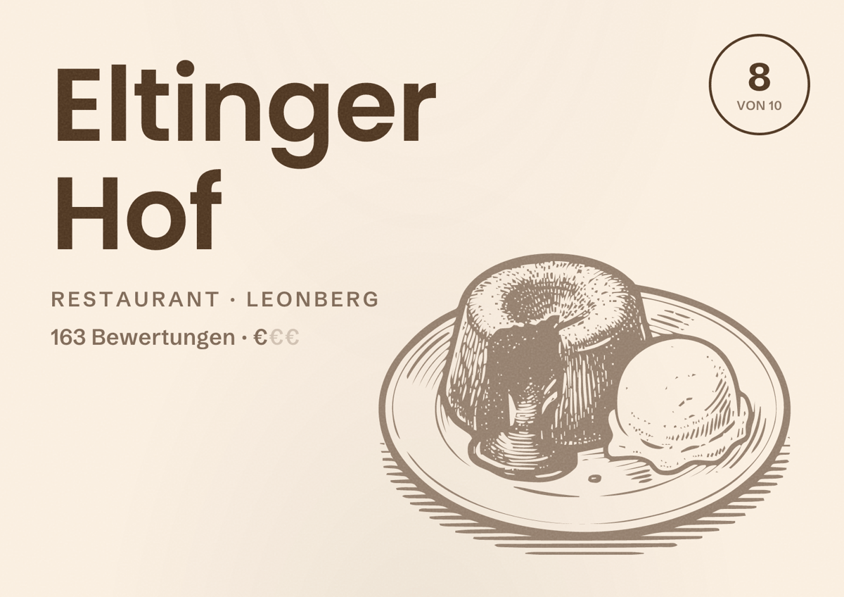 Illustriertes Poster von Eltinger Hof, Restaurant in Leonberg: Bewertung 8 von 10 aus 163 Bewertungen, Preisniveau €