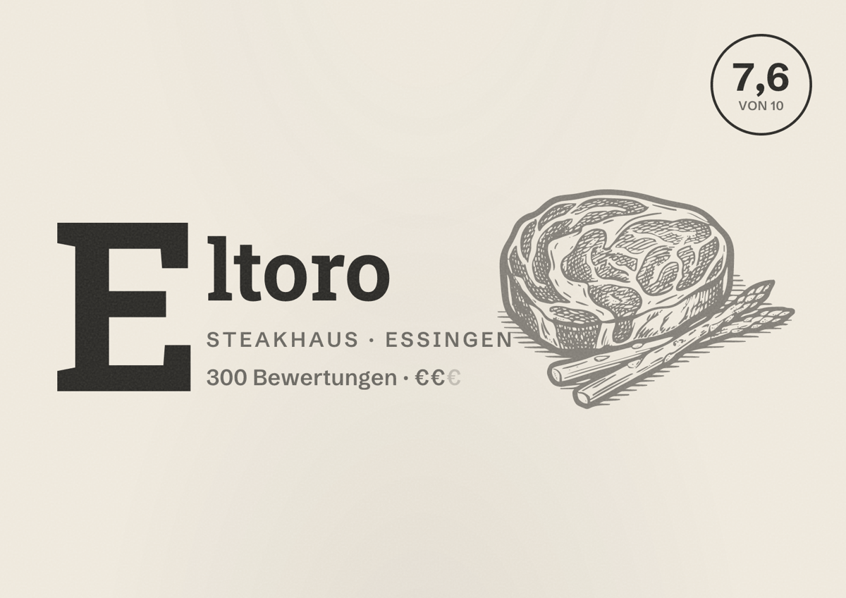 Illustriertes Poster von Eltoro, Steakhaus in Essingen: Bewertung 7,6 von 10 aus 300 Bewertungen, Preisniveau €€