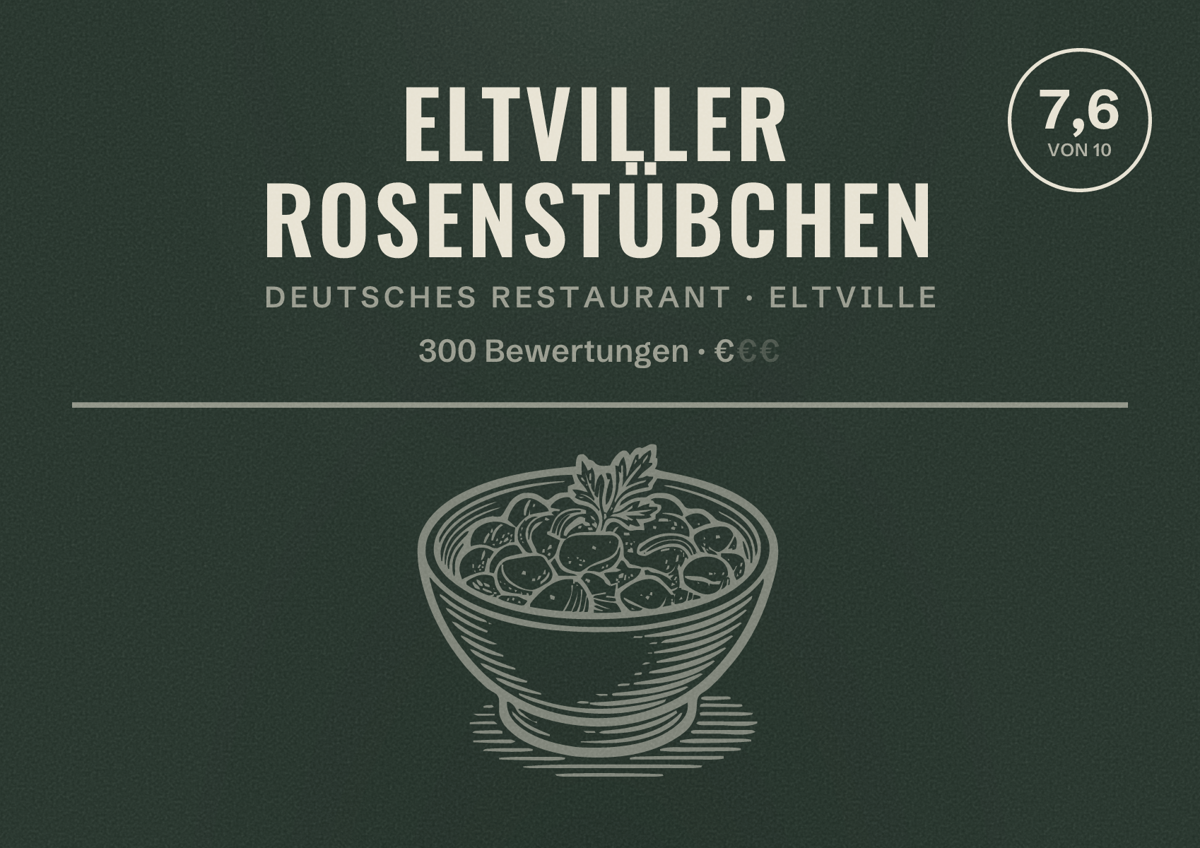 Illustriertes Poster von Eltviller Rosenstübchen, Deutsches Restaurant in Eltville: Bewertung 7,6 von 10 aus 300 Bewertungen, Preisniveau €