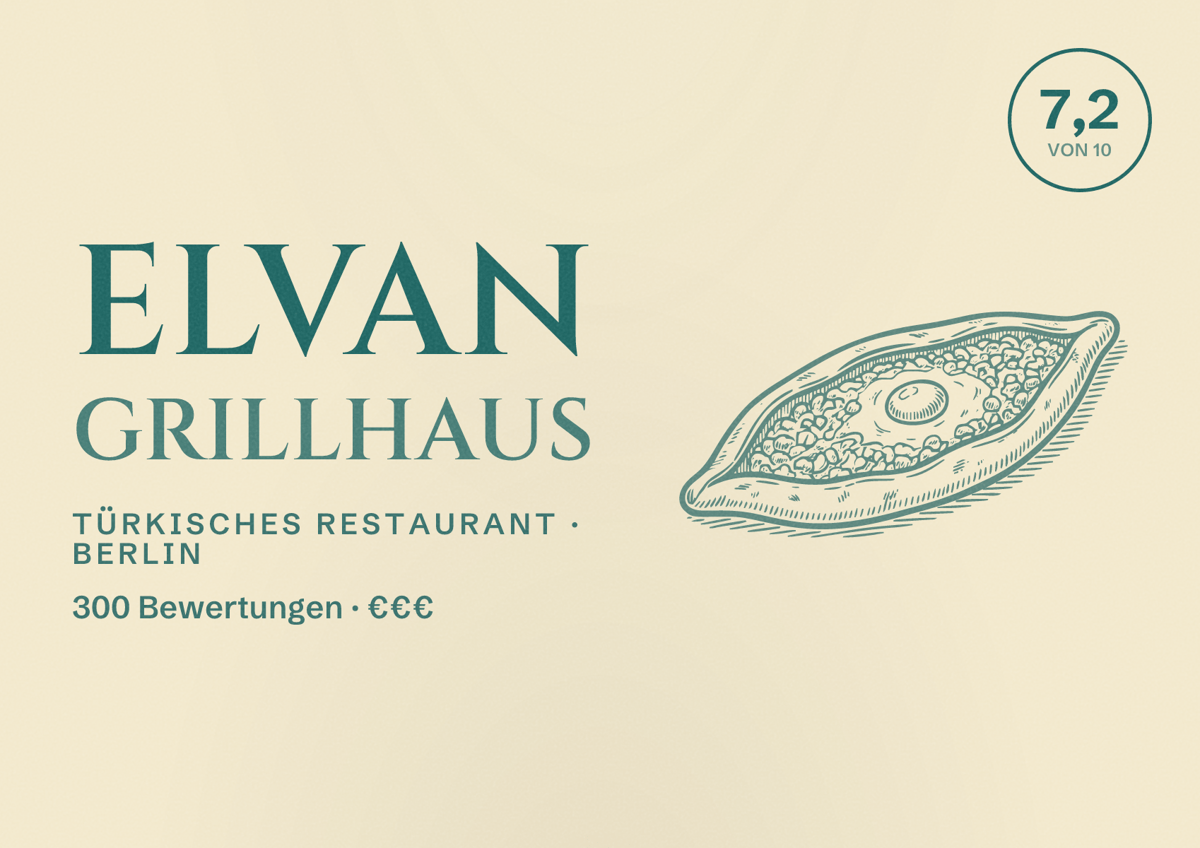 Illustriertes Poster von Elvan Grillhaus, Türkisches Restaurant in Berlin: Bewertung 7,2 von 10 aus 300 Bewertungen, Preisniveau €€€