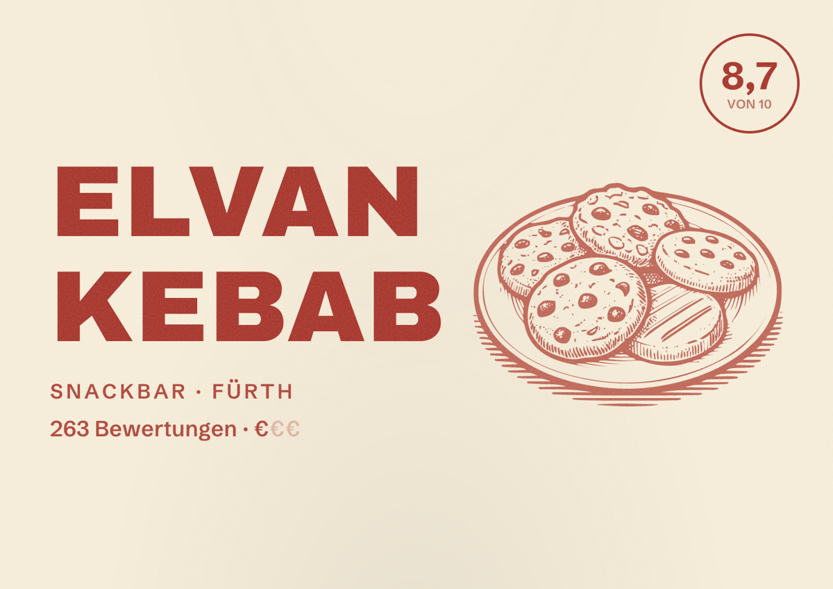Illustriertes Poster von Elvan kebab, Snackbar in Fürth: Bewertung 8,7 von 10 aus 263 Bewertungen, Preisniveau €
