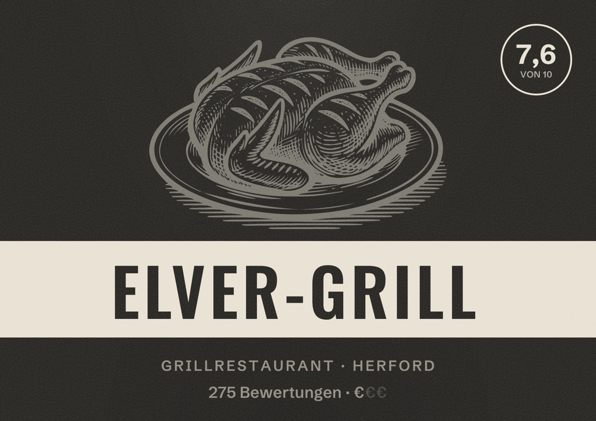 Illustriertes Poster von Elver-Grill, Grillrestaurant in Herford: Bewertung 7,6 von 10 aus 275 Bewertungen, Preisniveau €