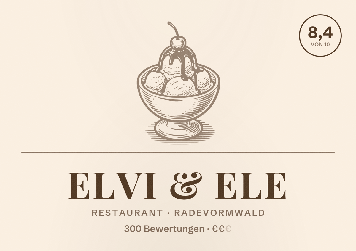 Illustriertes Poster von Elvi & Ele, Restaurant in Radevormwald: Bewertung 8,4 von 10 aus 300 Bewertungen, Preisniveau €€