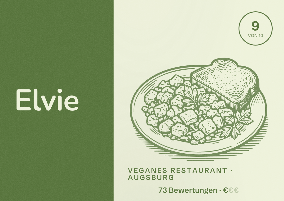 Illustriertes Poster von Elvie, Veganes Restaurant in Augsburg: Bewertung 9 von 10 aus 73 Bewertungen, Preisniveau €