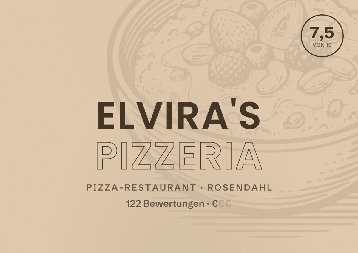 Illustriertes Poster von Elvira's Pizzeria, Pizza-Restaurant in Rosendahl: Bewertung 7,5 von 10 aus 122 Bewertungen, Preisniveau €