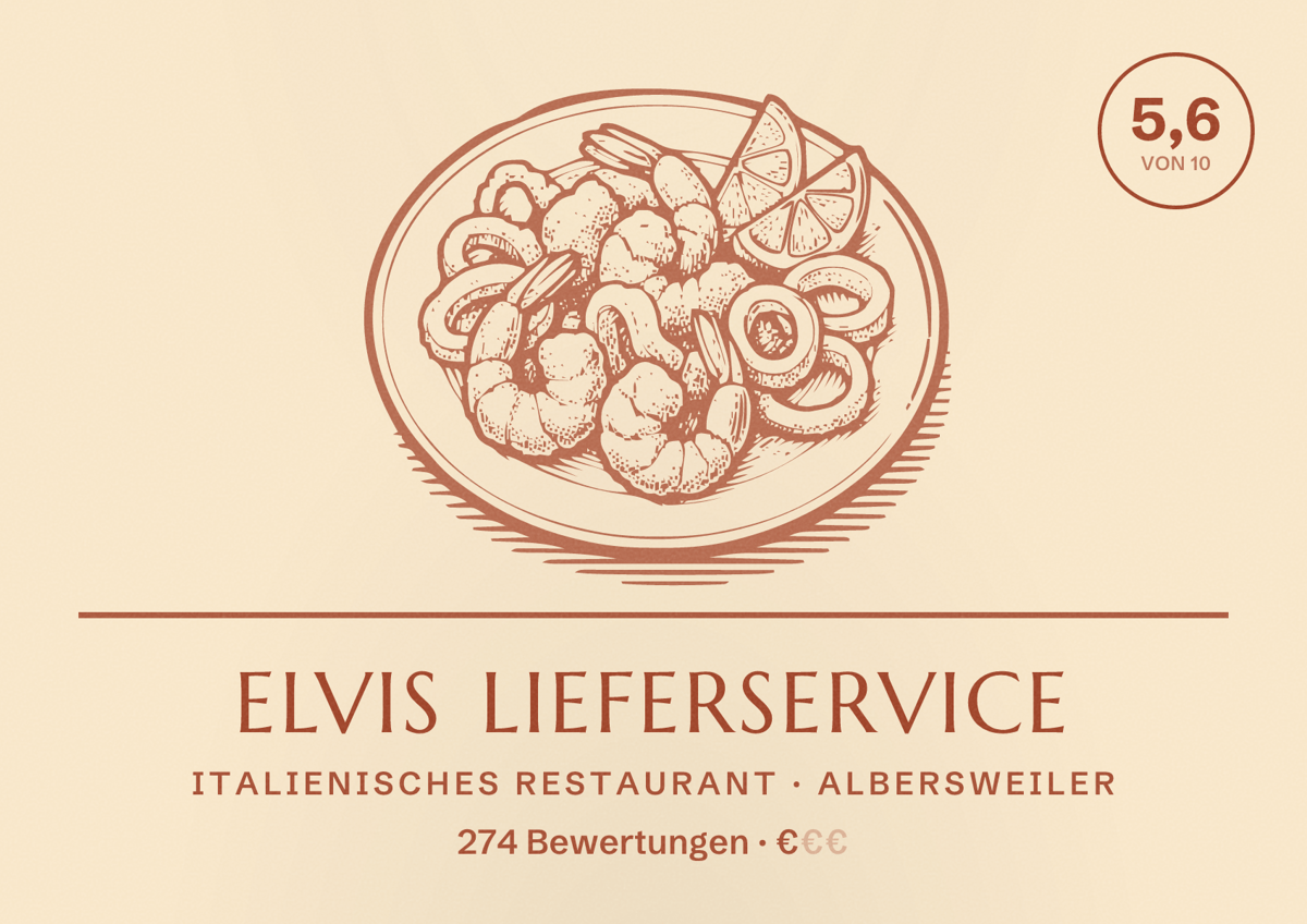 Illustriertes Poster von Elvis Lieferservice, Italienisches Restaurant in Albersweiler: Bewertung 5,6 von 10 aus 274 Bewertungen, Preisniveau €