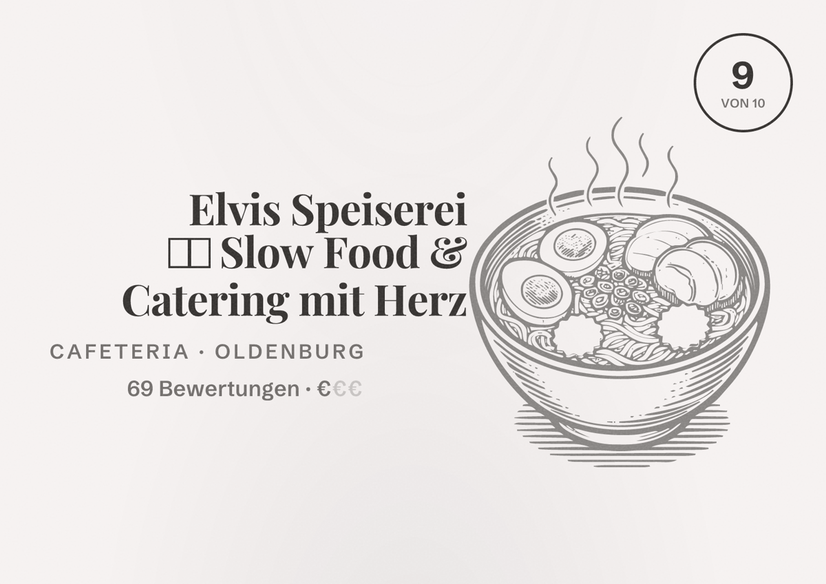 Illustriertes Poster von Elvis Speiserei ❤️ Slow Food & Catering mit Herz, Cafeteria in Oldenburg: Bewertung 9,0 von 10 aus 69 Bewertungen, Preisniveau €