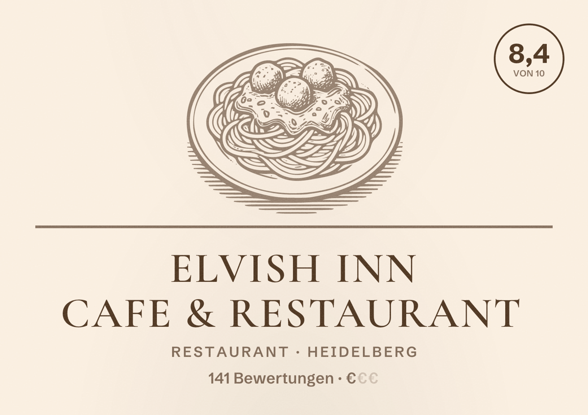 Illustriertes Poster von Elvish Inn Cafe & Restaurant, Restaurant in Heidelberg: Bewertung 8,4 von 10 aus 141 Bewertungen, Preisniveau €