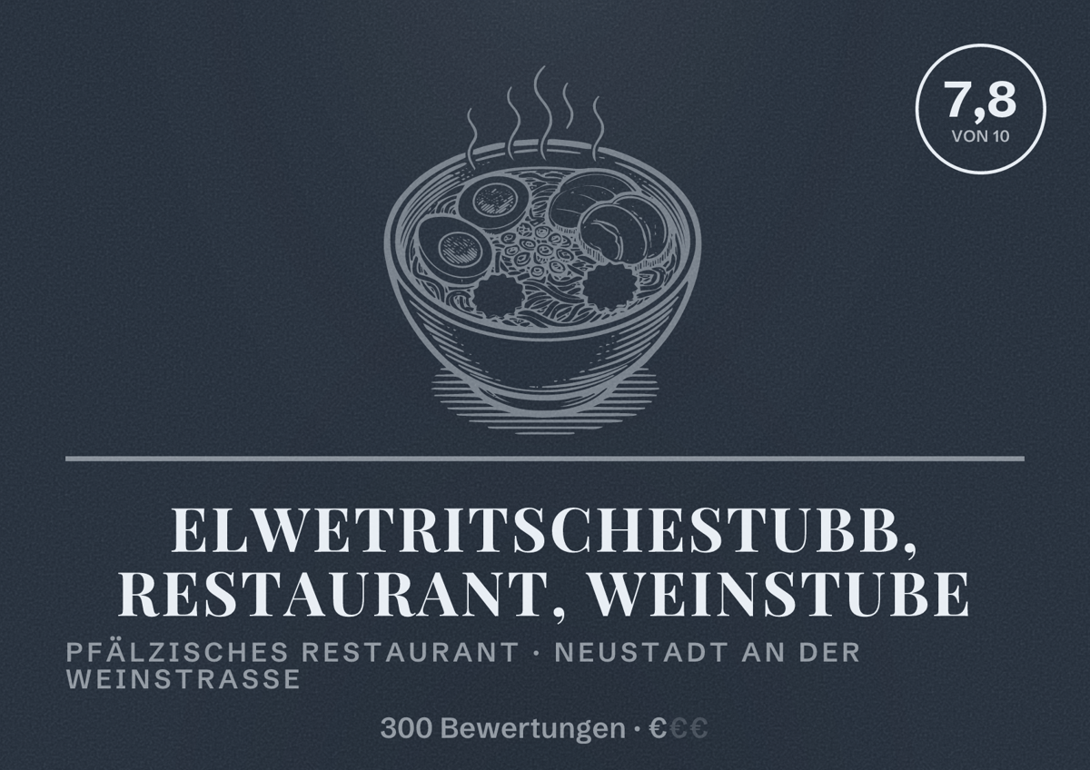 Illustriertes Poster von Elwetritschestubb, Restaurant, Weinstube, Pfälzisches Restaurant in Neustadt an der Weinstraße: Bewertung 7,8 von 10 aus 300 Bewertungen, Preisniveau €