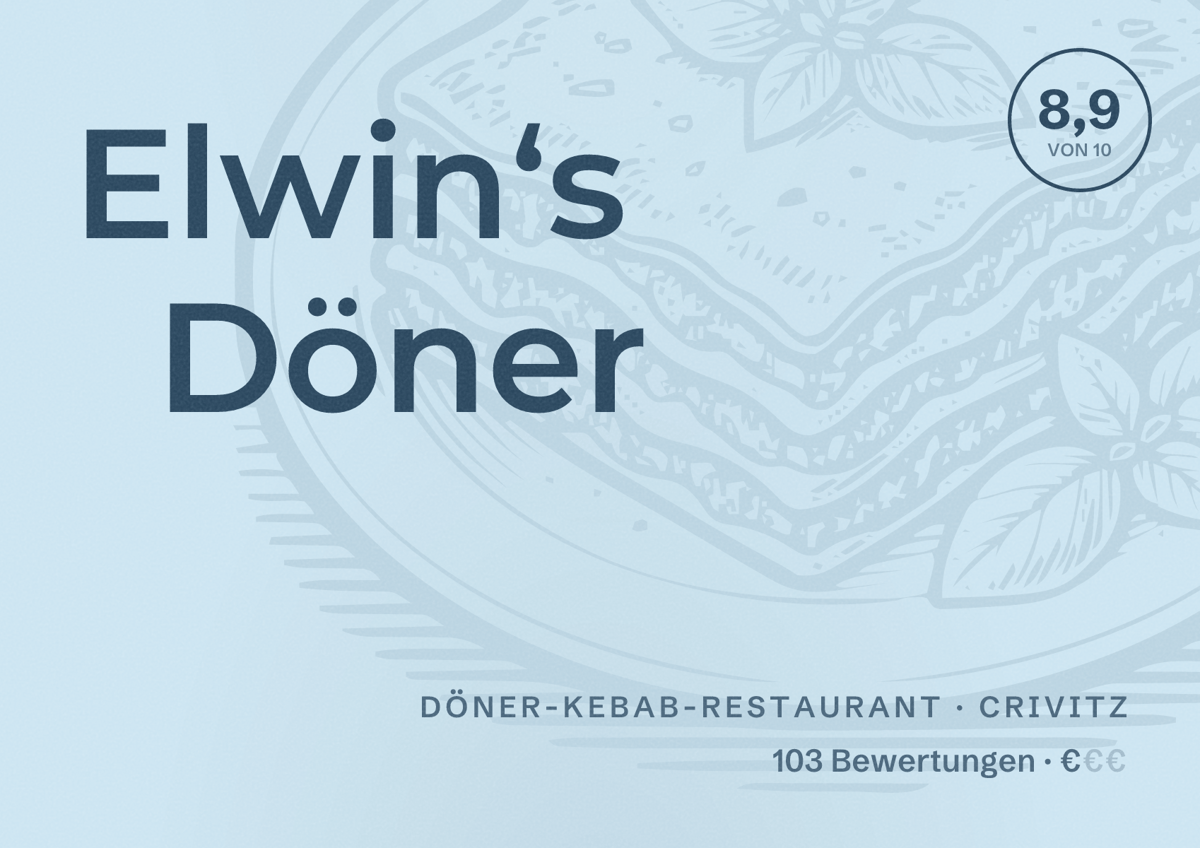 Illustriertes Poster von Elwin‘s Döner, Döner-Kebab-Restaurant in Crivitz: Bewertung 8,9 von 10 aus 103 Bewertungen, Preisniveau €