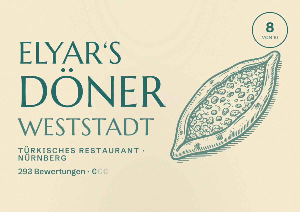 Illustriertes Poster von Elyar‘s Döner Weststadt, Türkisches Restaurant in Nürnberg: Bewertung 8,0 von 10 aus 293 Bewertungen, Preisniveau €