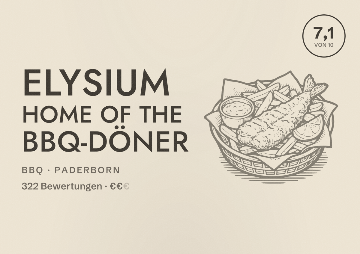 Illustriertes Poster von Elysium Home of the BBQ-Döner, BBQ in Paderborn: Bewertung 7,1 von 10 aus 322 Bewertungen, Preisniveau €€