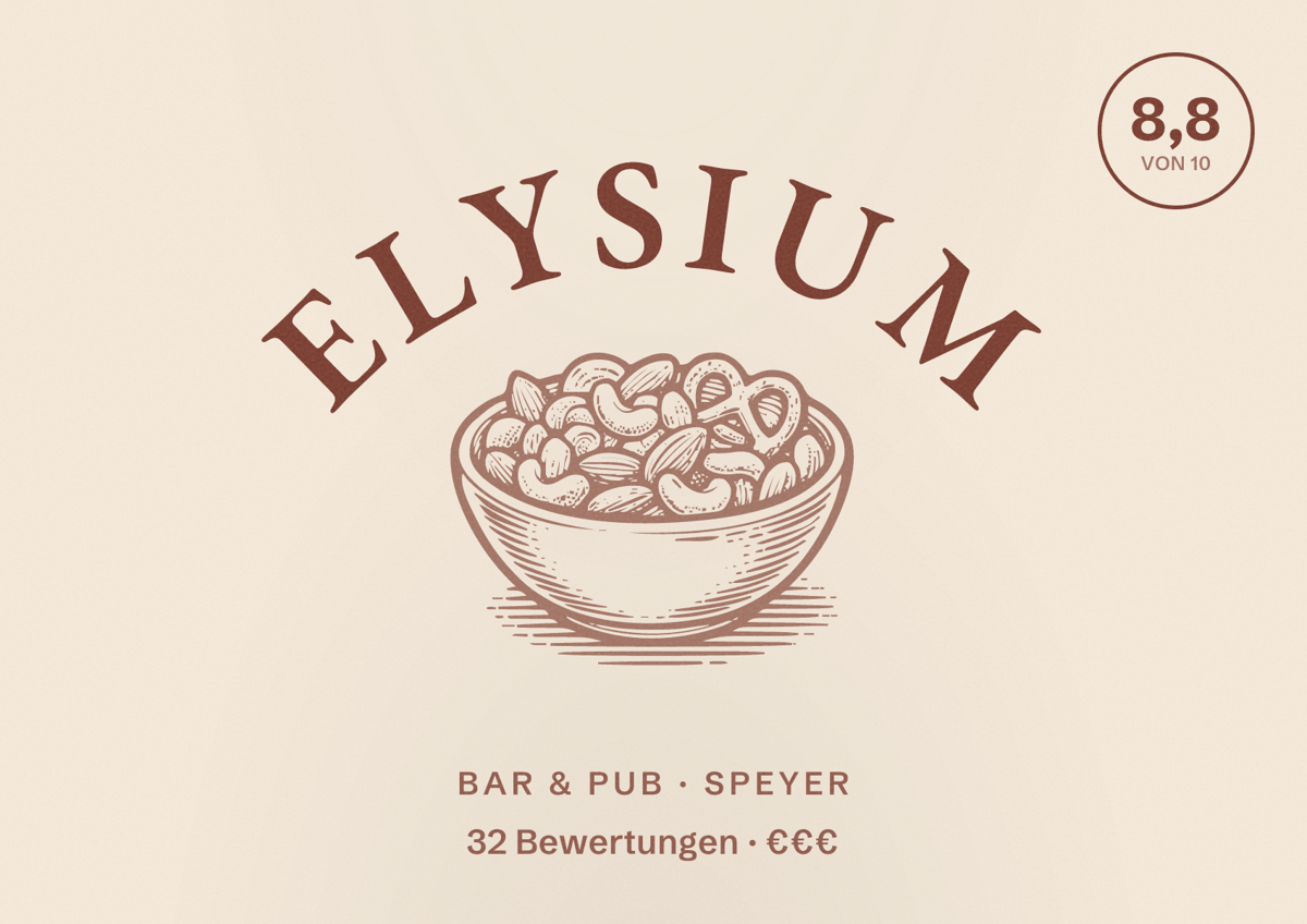 Illustriertes Poster von Elysium, Bar & Pub in Speyer: Bewertung 8,8 von 10 aus 32 Bewertungen, Preisniveau €€€