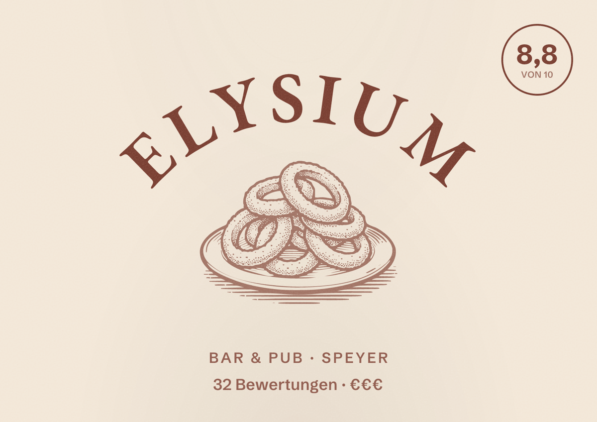 Illustriertes Poster von Elysium, Bar & Pub in Speyer: Bewertung 8,8 von 10 aus 32 Bewertungen, Preisniveau €€€