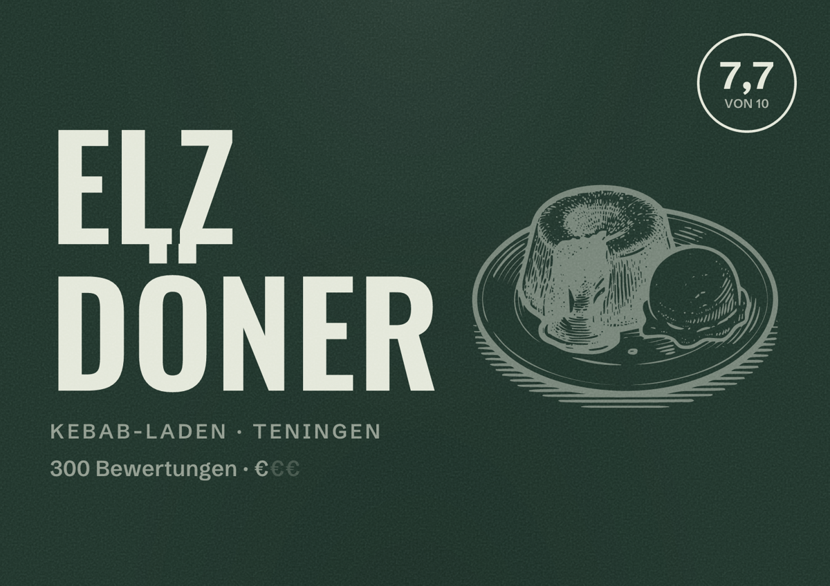Illustriertes Poster von Elz Döner, Kebab-Laden in Teningen: Bewertung 7,7 von 10 aus 300 Bewertungen, Preisniveau €
