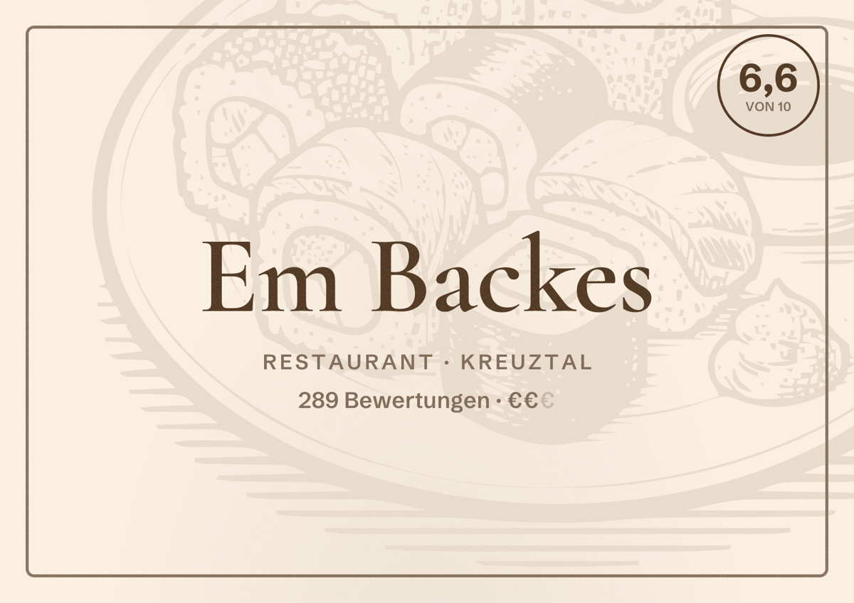 Illustriertes Poster von Em Backes, Restaurant in Kreuztal: Bewertung 6,6 von 10 aus 289 Bewertungen, Preisniveau €€