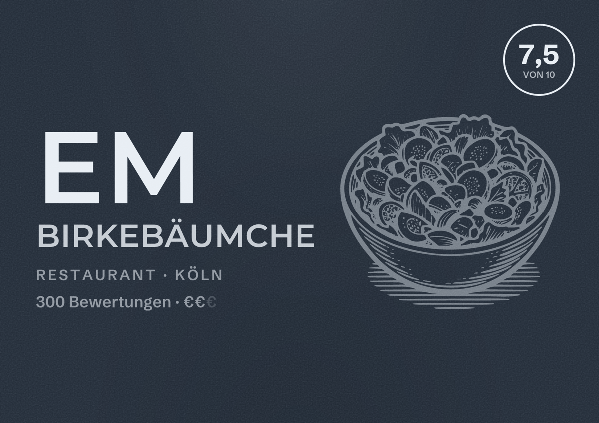 Illustriertes Poster von Em Birkebäumche, Restaurant in Köln: Bewertung 7,5 von 10 aus 300 Bewertungen, Preisniveau €€