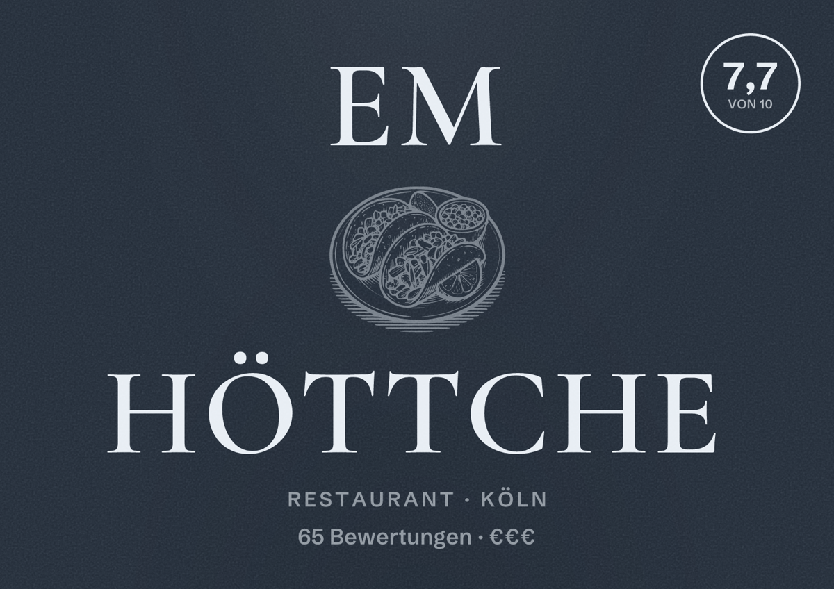 Illustriertes Poster von Em Höttche, Restaurant in Köln: Bewertung 7,7 von 10 aus 65 Bewertungen, Preisniveau €€€