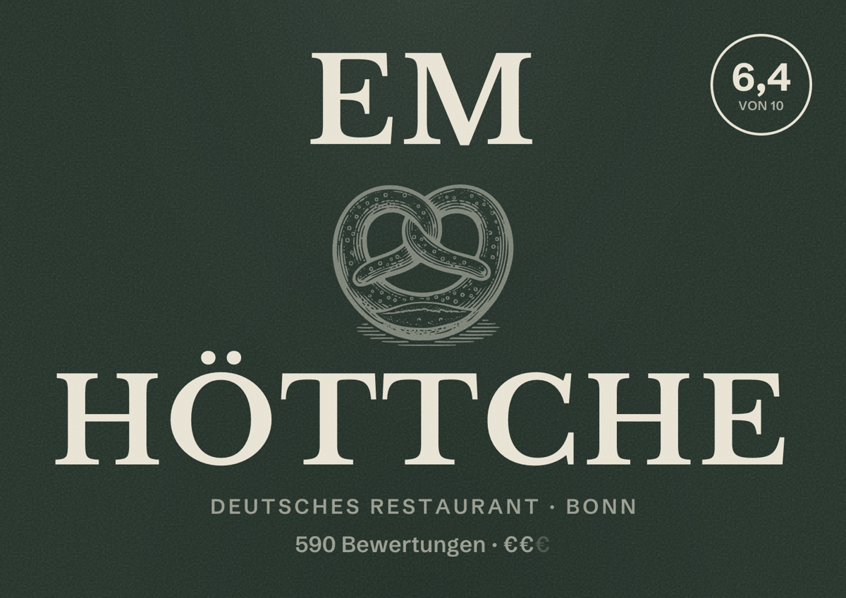 Illustriertes Poster von Em Höttche, Deutsches Restaurant in Bonn: Bewertung 6,4 von 10 aus 590 Bewertungen, Preisniveau €€