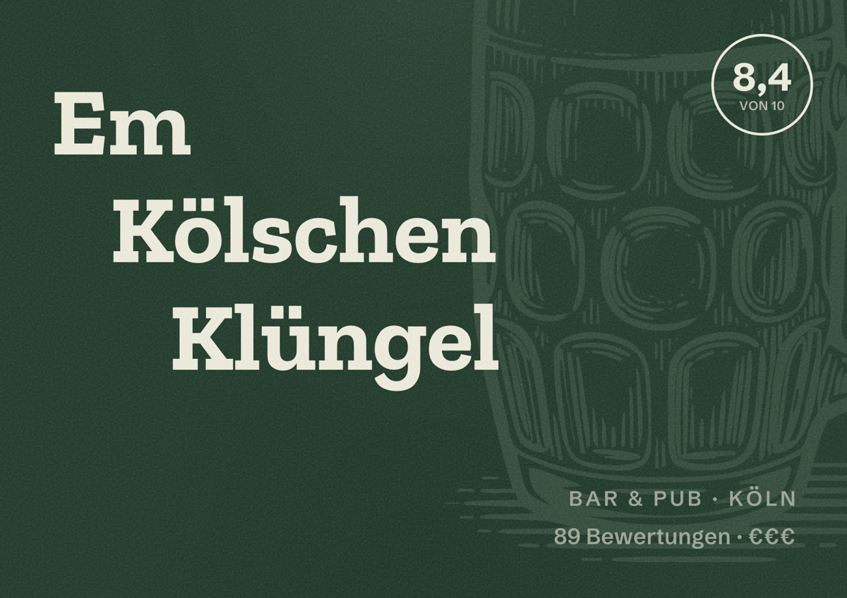 Illustriertes Poster von Em Kölschen Klüngel, Bar & Pub in Köln: Bewertung 8,4 von 10 aus 89 Bewertungen, Preisniveau €€€