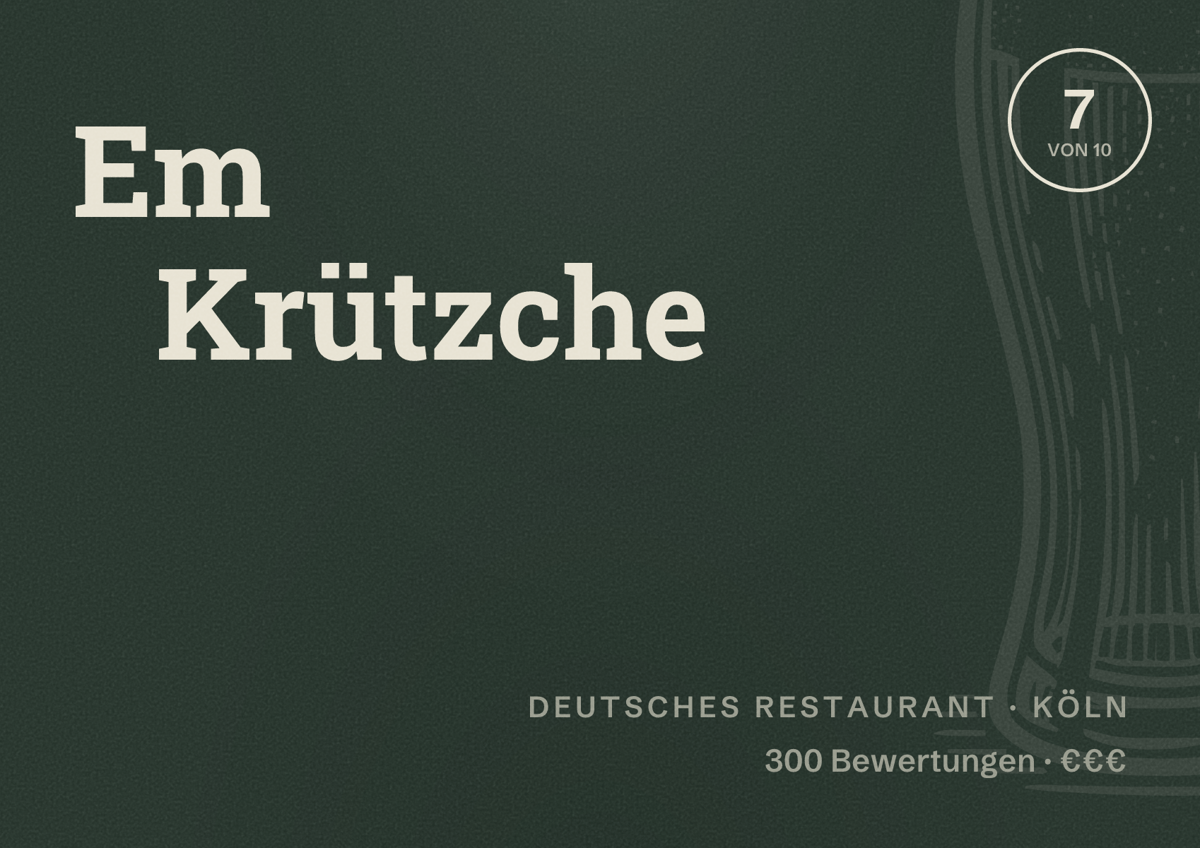 Illustriertes Poster von Em Krützche, Deutsches Restaurant in Köln: Bewertung 7,0 von 10 aus 300 Bewertungen, Preisniveau €€€