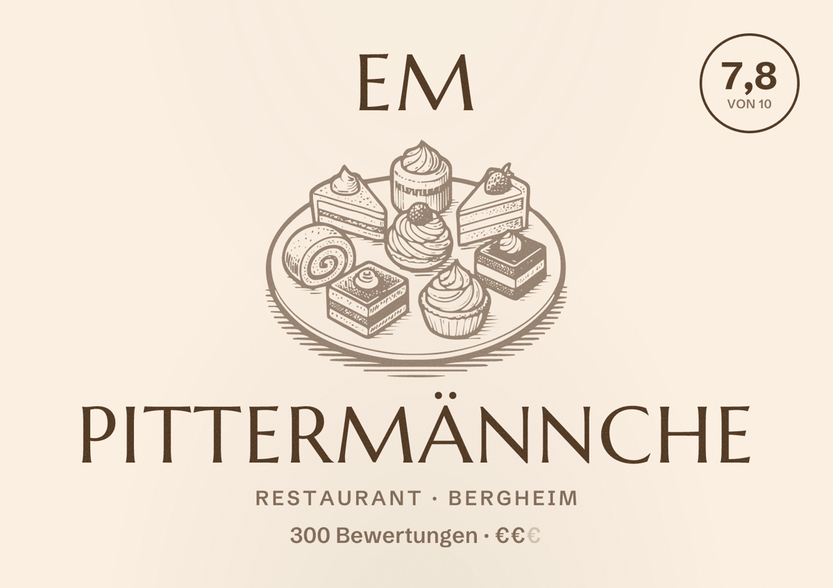 Illustriertes Poster von Em Pittermännche, Restaurant in Bergheim: Bewertung 7,8 von 10 aus 300 Bewertungen, Preisniveau €€