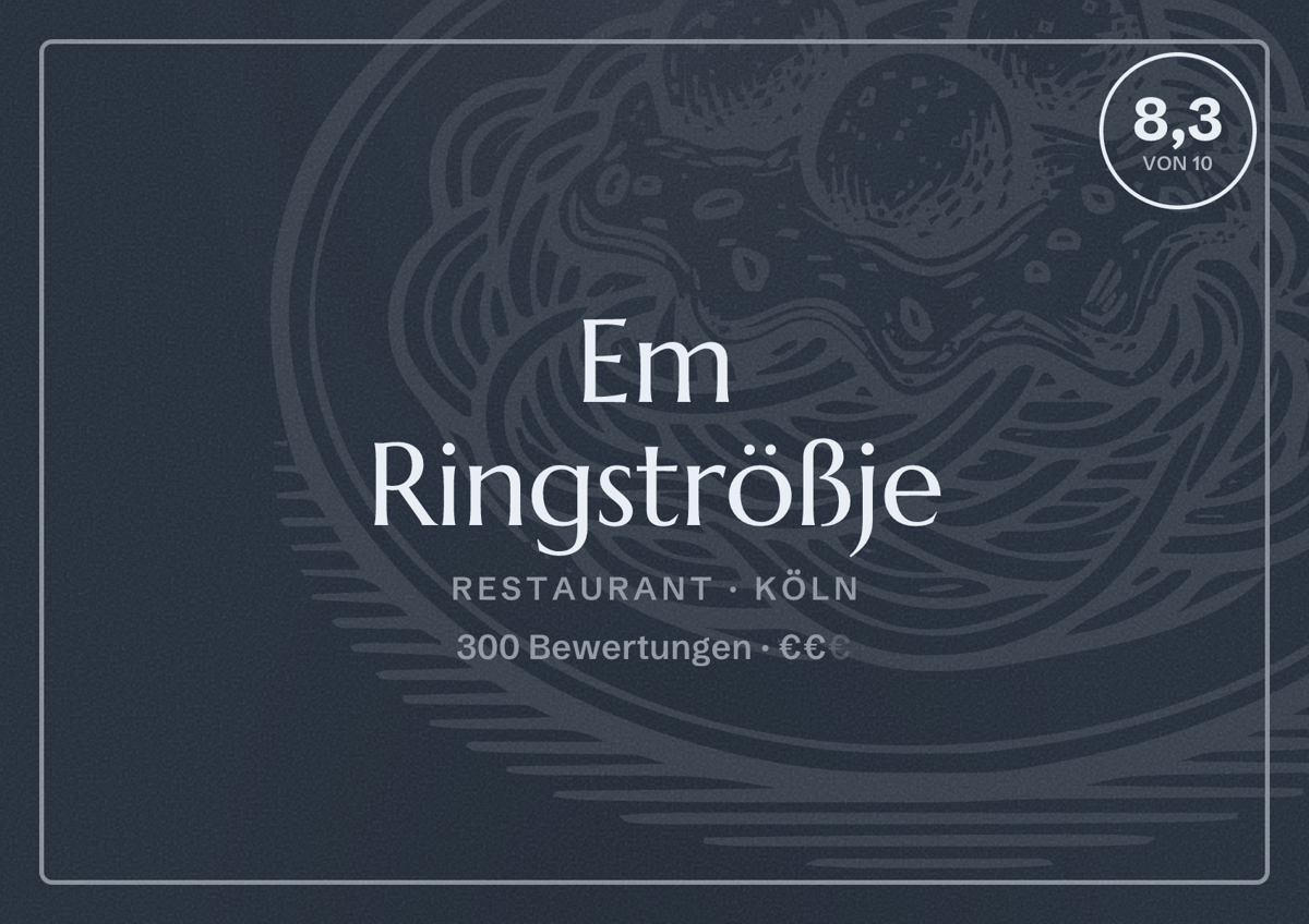 Illustriertes Poster von Em Ringströßje, Restaurant in Köln: Bewertung 8,3 von 10 aus 300 Bewertungen, Preisniveau €€