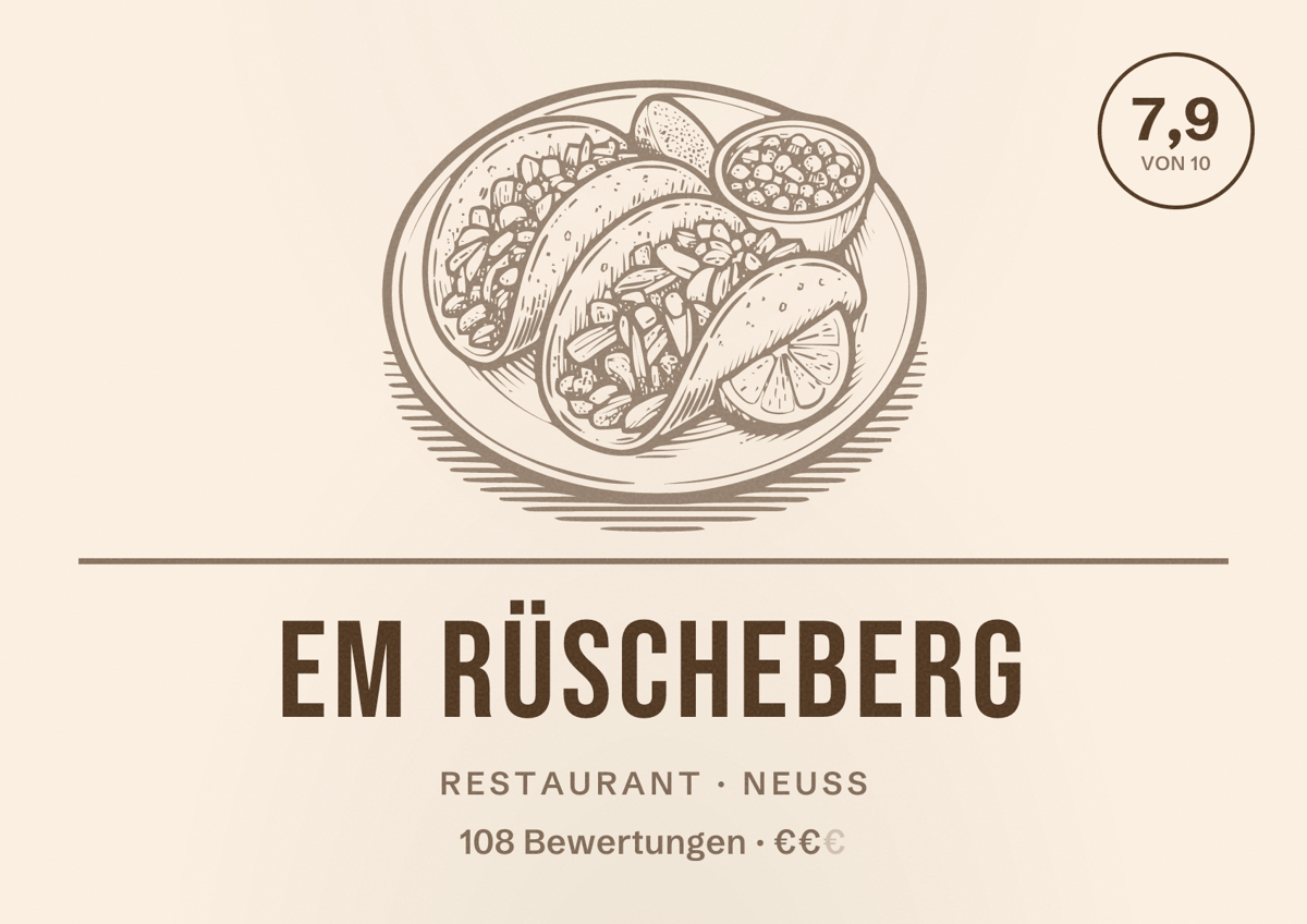 Illustriertes Poster von Em Rüscheberg, Restaurant in Neuss: Bewertung 7,9 von 10 aus 108 Bewertungen, Preisniveau €€