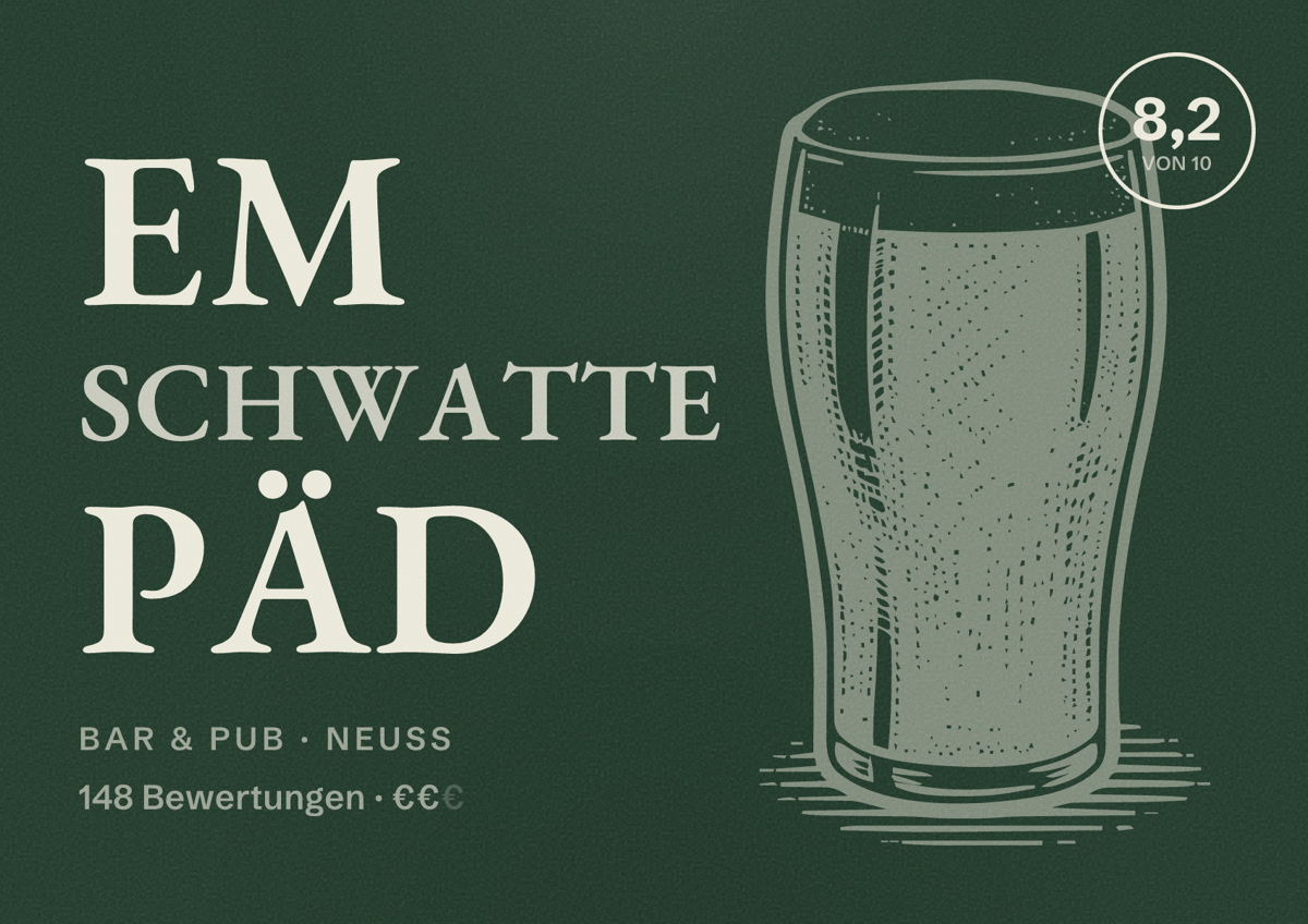 Illustriertes Poster von Em Schwatte Päd, Bar & Pub in Neuss: Bewertung 8,2 von 10 aus 148 Bewertungen, Preisniveau €€