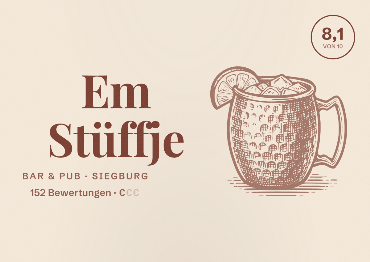 Illustriertes Poster von Em Stüffje, Bar & Pub in Siegburg: Bewertung 8,1 von 10 aus 152 Bewertungen, Preisniveau €